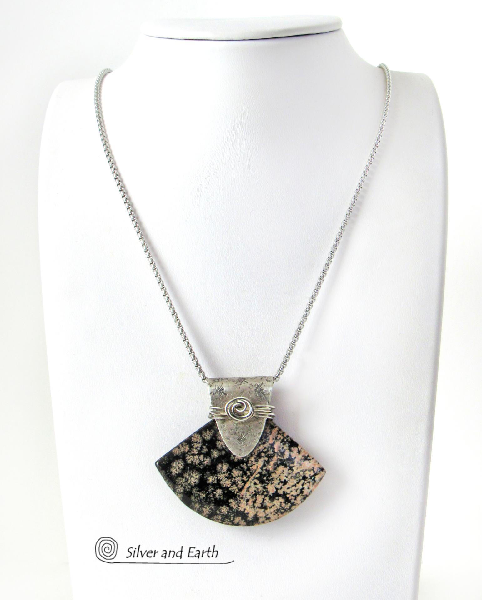 Hot Sterling silver textured pendant with a Snowflake Obsidian gemstone